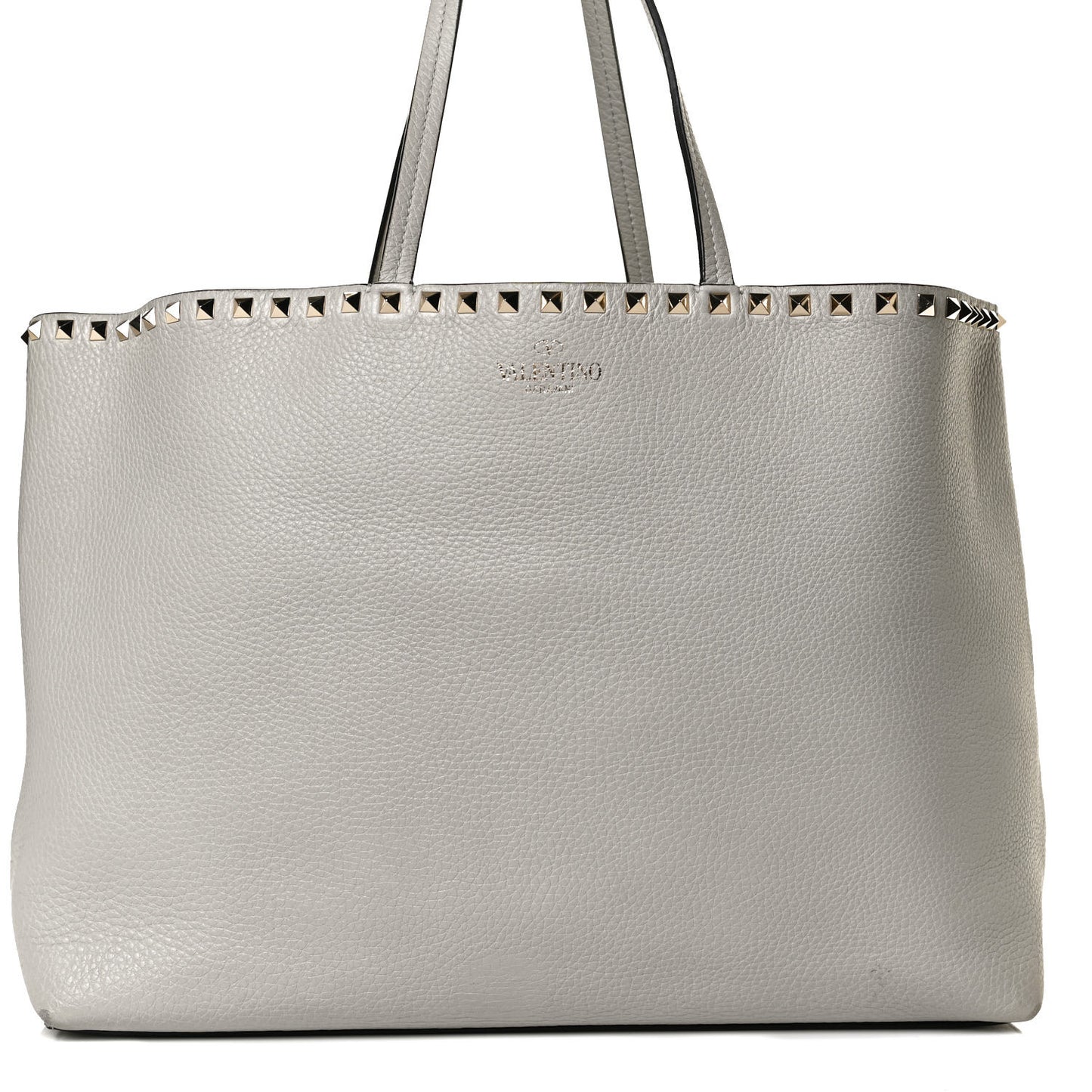 Grained Calfskin Rockstud Shoulder Tote Pastel Grey