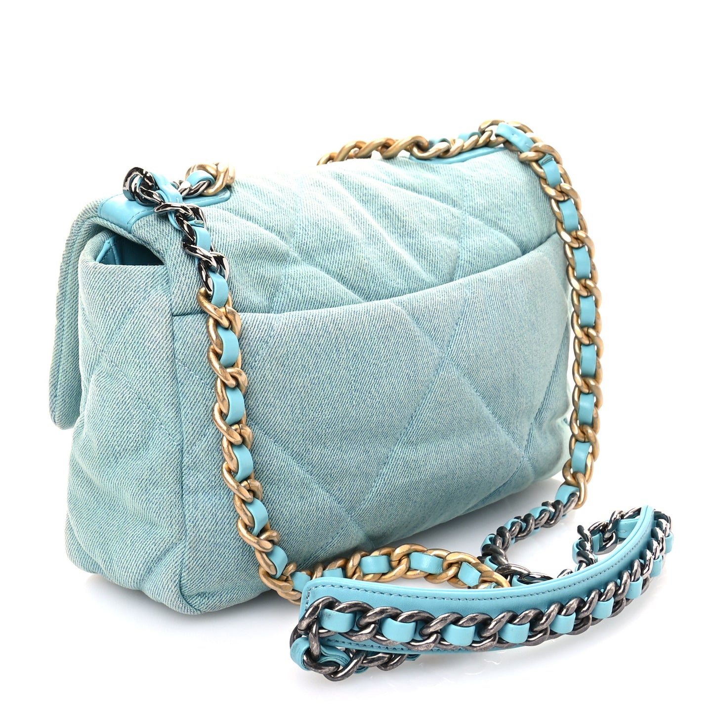 Denim Quilted Medium Chanel 19 Flap Neon Blue
