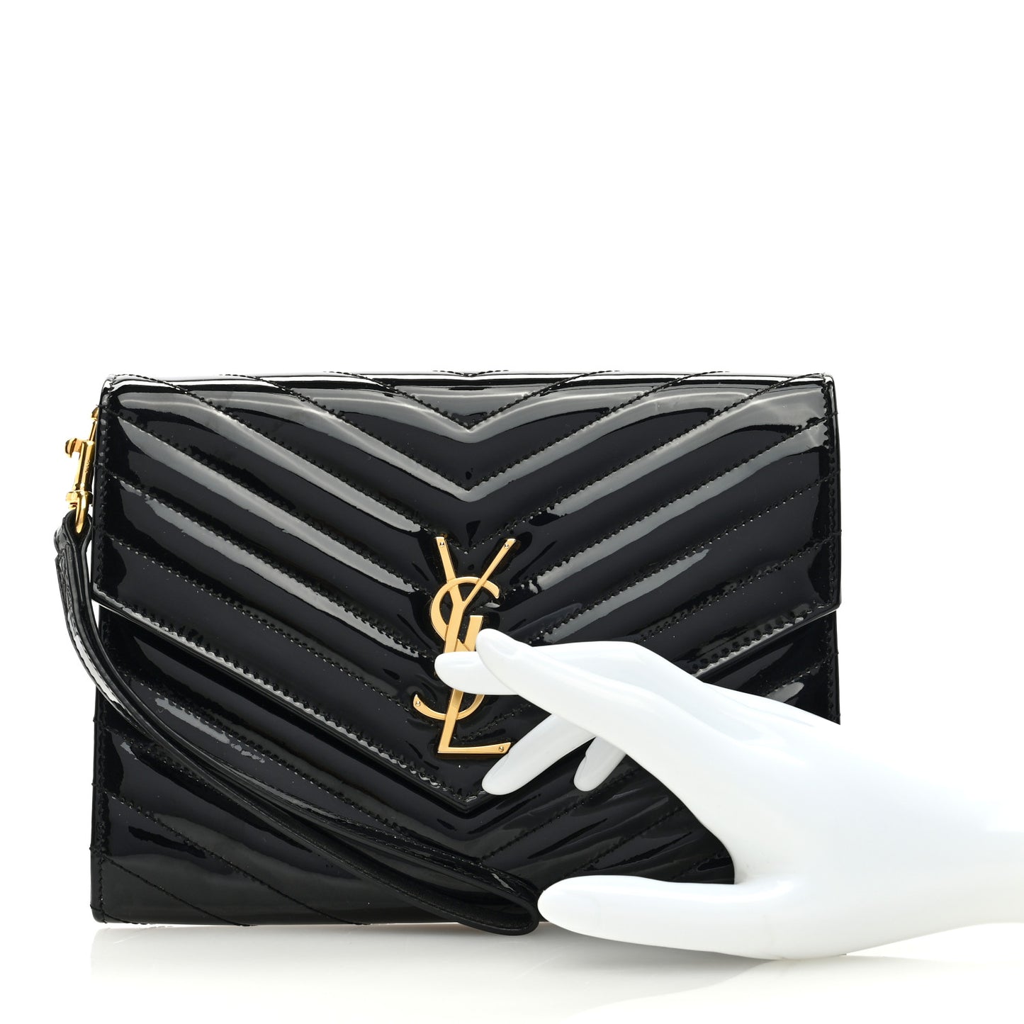 Patent Matelasse Chevron Monogram Envelope Clutch Black
