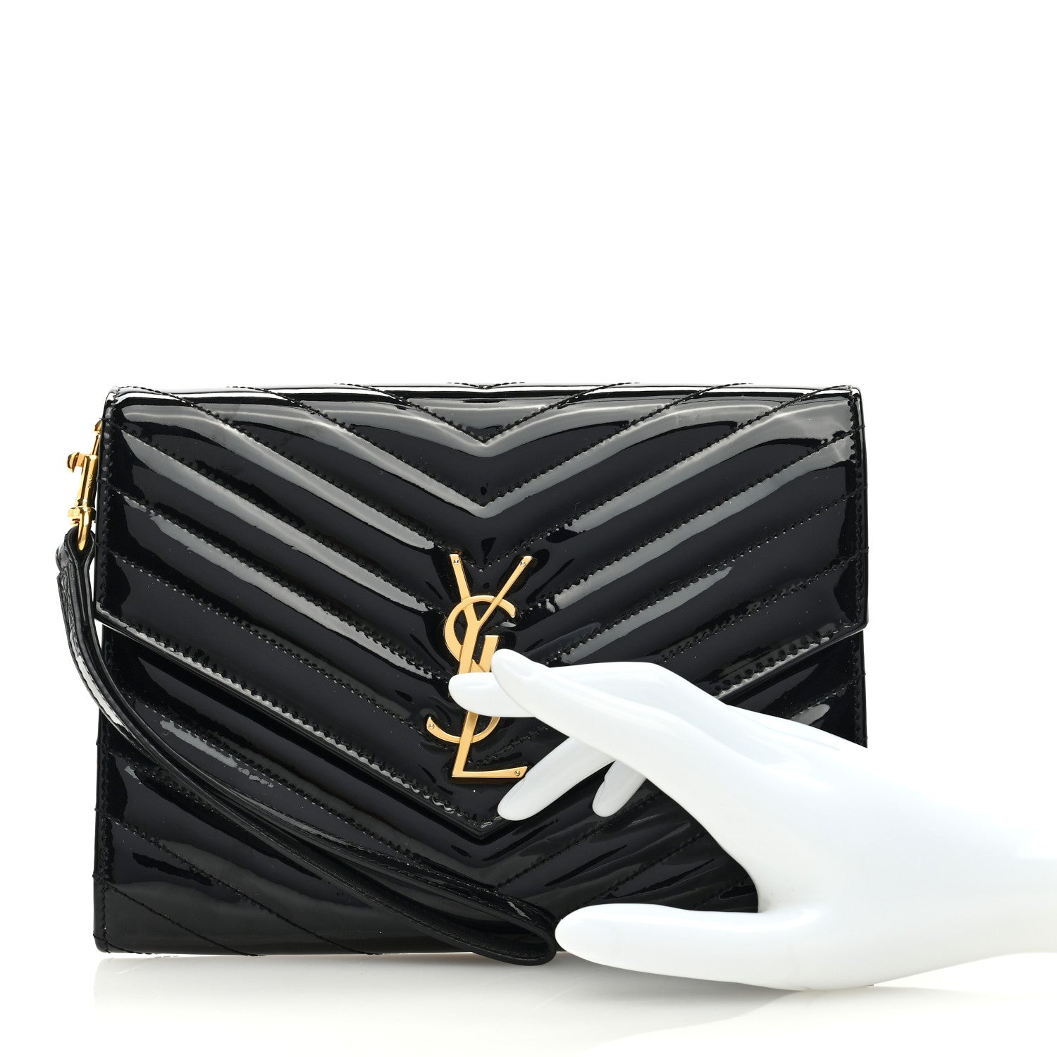 Saint Laurent Patent Matelasse Chevron Monogram Envelope Clutch Black 2 of 6