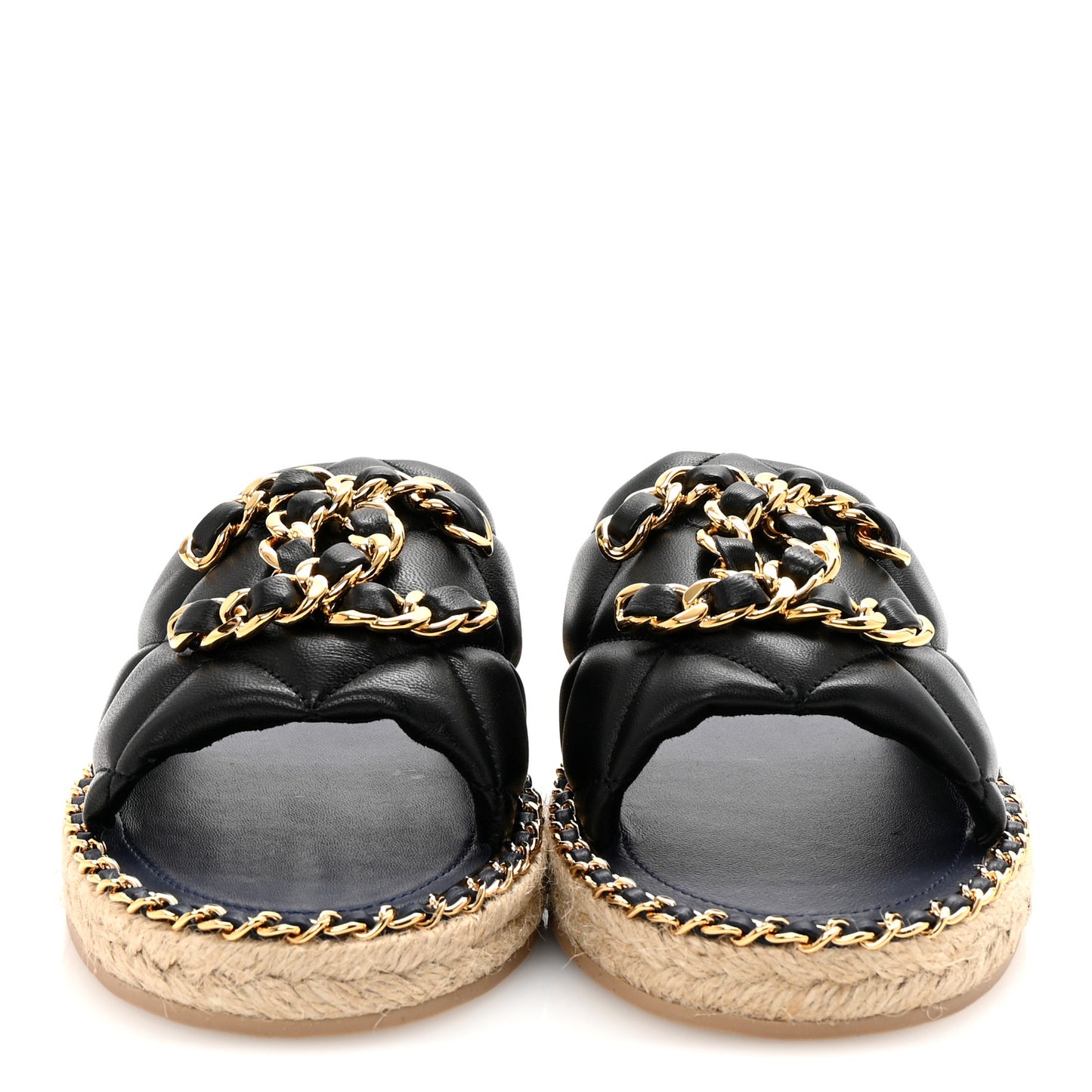 Lambskin Quilted CC Chain Espadrille Mules 38 Black Navy