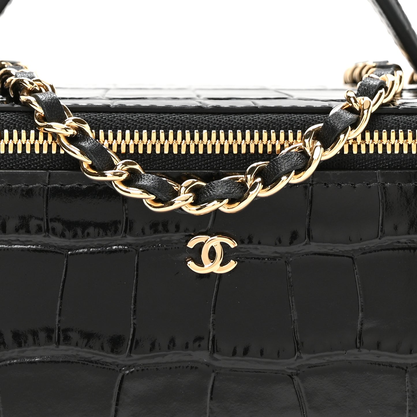 Calfskin Crocodile Embossed Exoticoco Small Top Handle Vanity Case With Chain Black