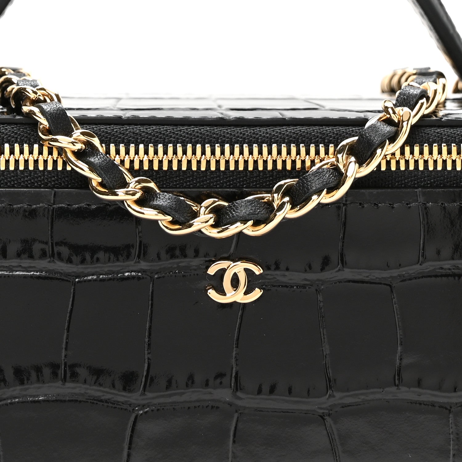 Chanel Calfskin Crocodile Embossed Exoticoco Small Top Handle Vanity Case With Chain Black 8 of 11