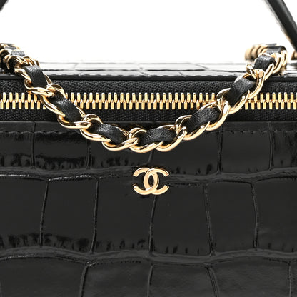 Chanel Calfskin Crocodile Embossed Exoticoco Small Top Handle Vanity Case With Chain Black 8 of 11