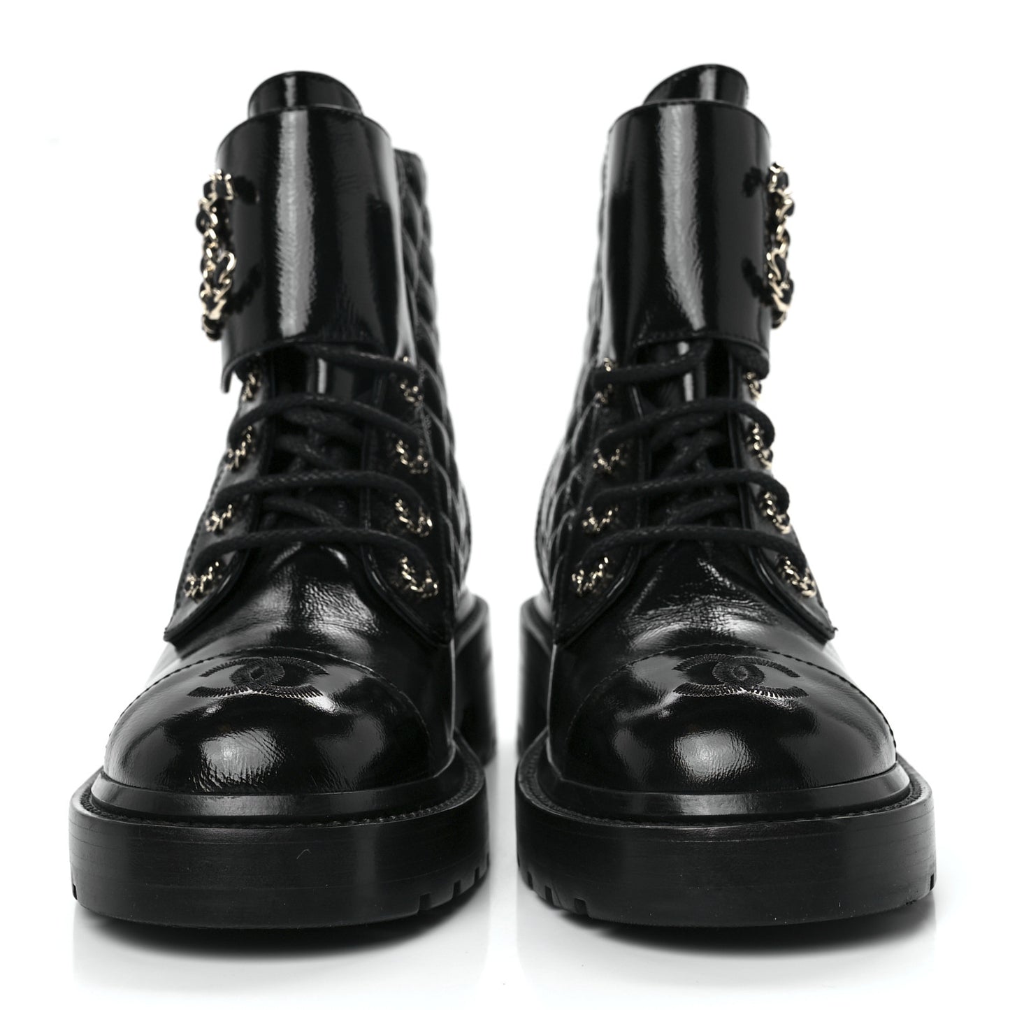 Shiny Goatskin Calfskin Quilted Lace Up Combat Boots 37 Black