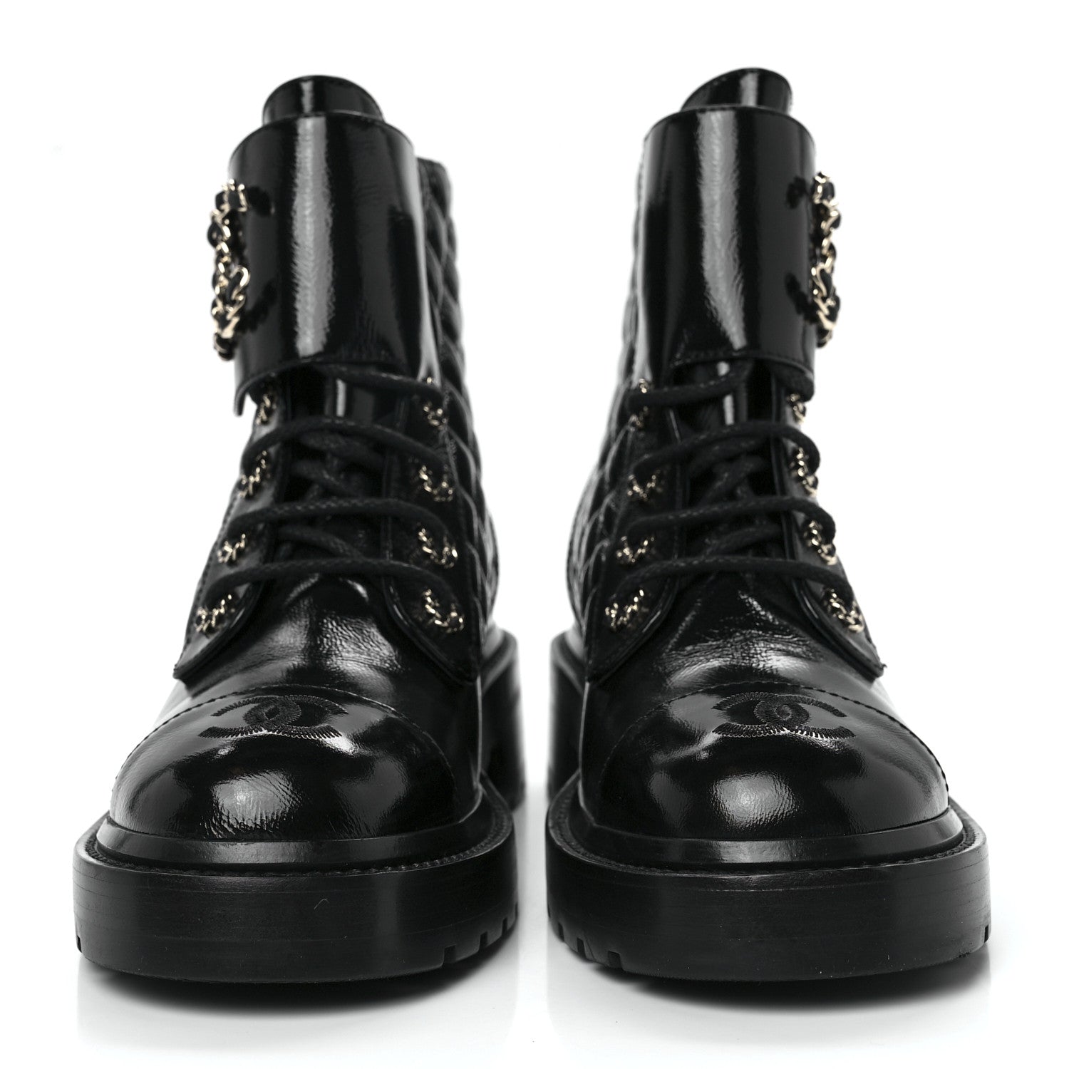 Chanel Shiny Goatskin Calfskin Quilted Lace Up Combat Boots 37 Black 2 of 8