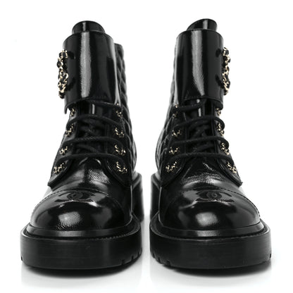 Chanel Shiny Goatskin Calfskin Quilted Lace Up Combat Boots 37 Black 2 of 8