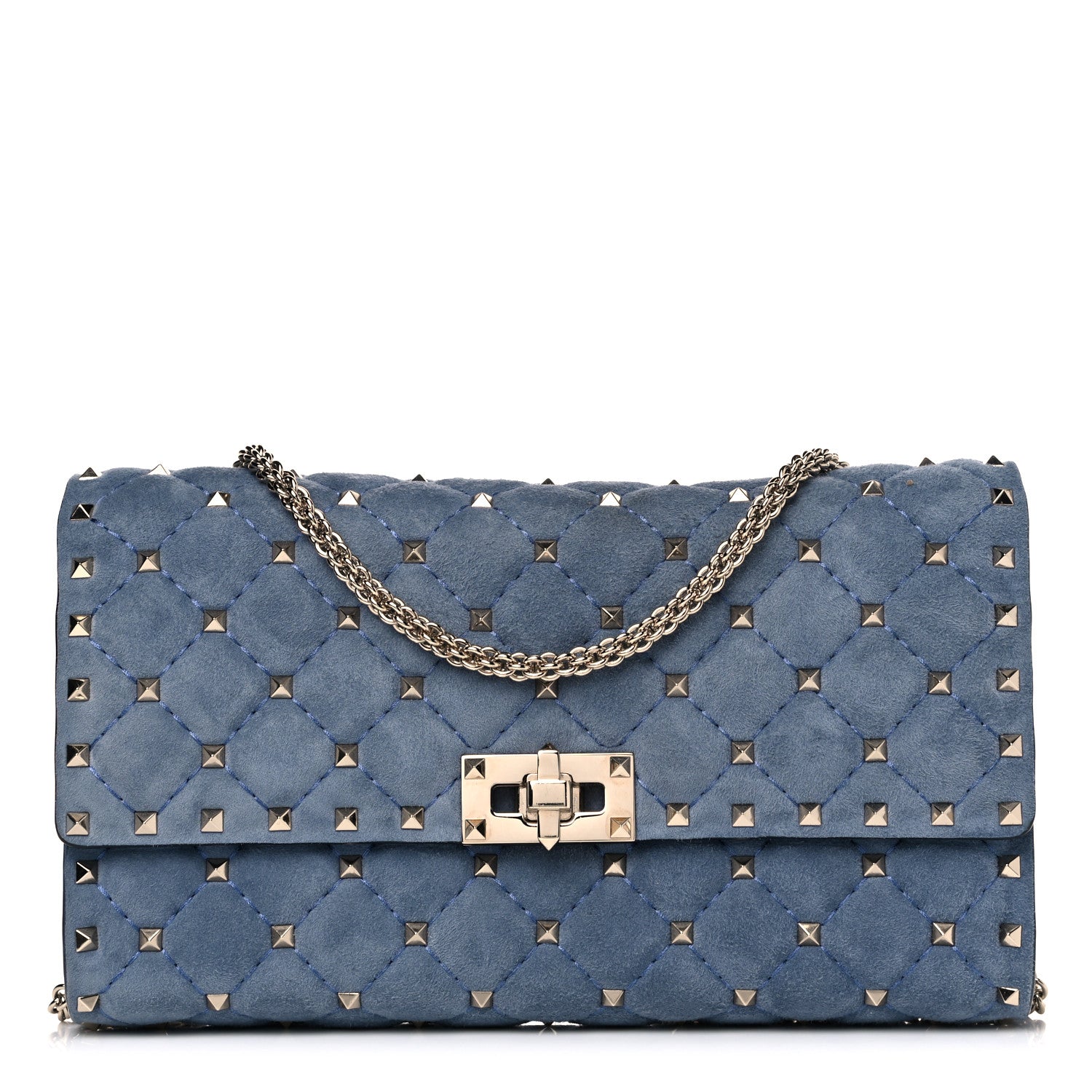 Valentino Garavani Suede Rockstud Spike Wallet on Chain Bright Blue 1 of 10