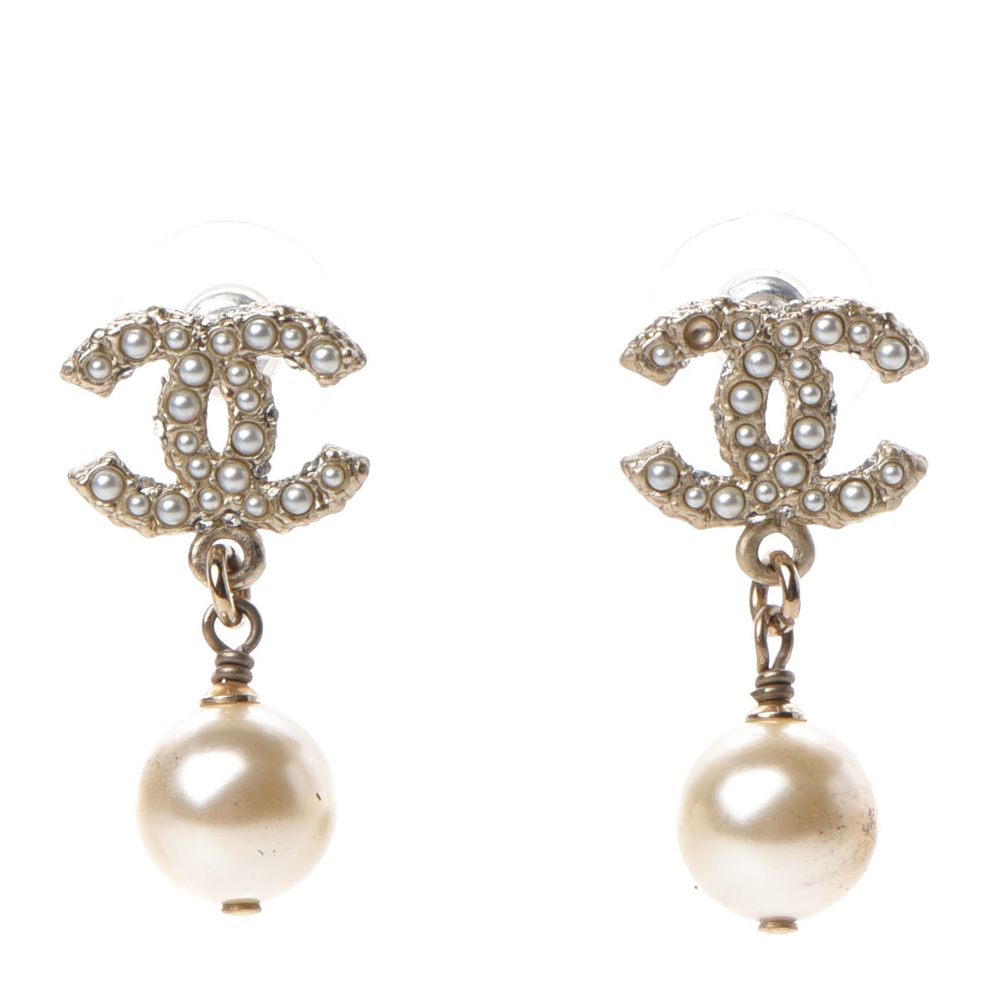 Pearl Crystal CC Drop Earrings Gold