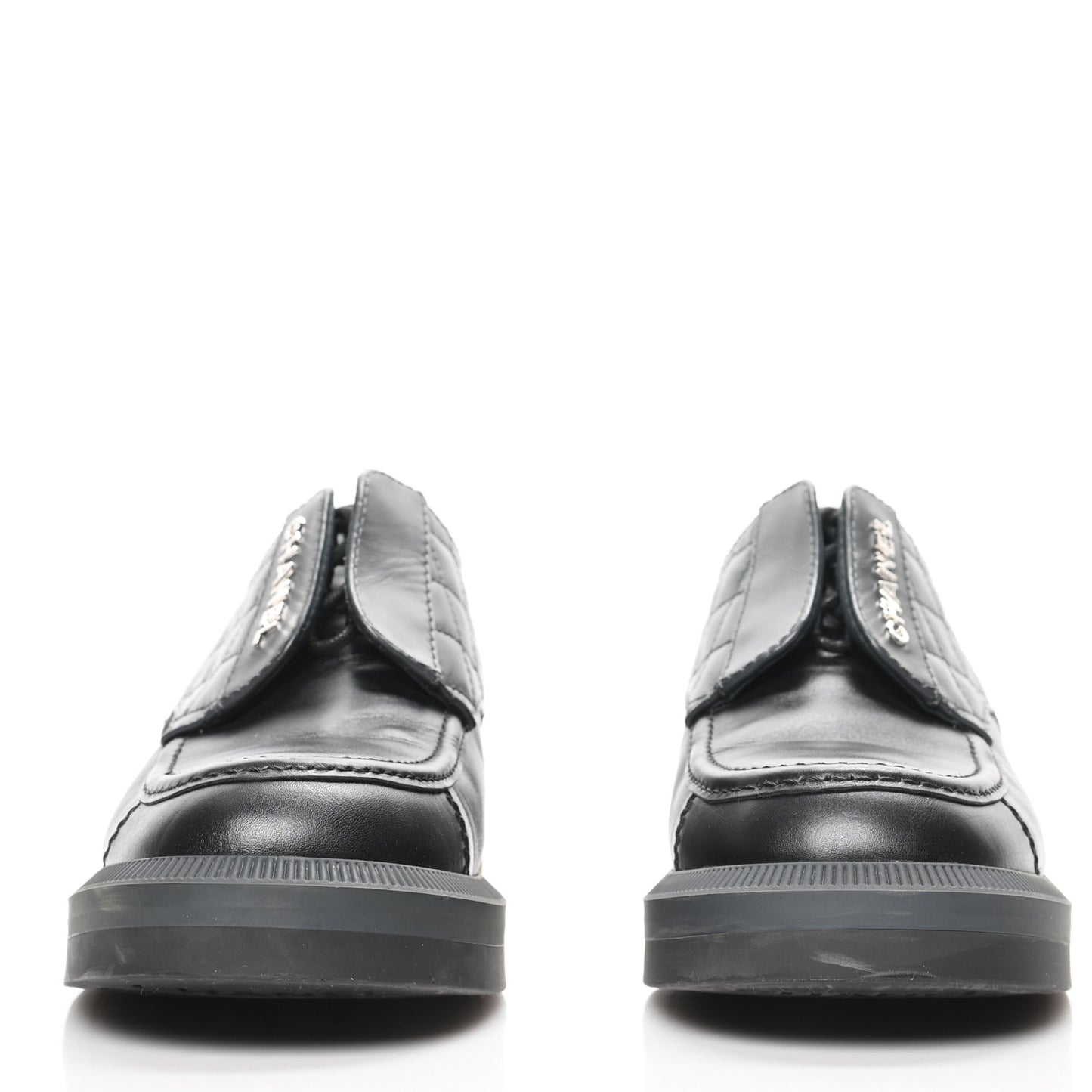 Calfskin Quilted Logo Lace Up Loafers 41 Black Grey