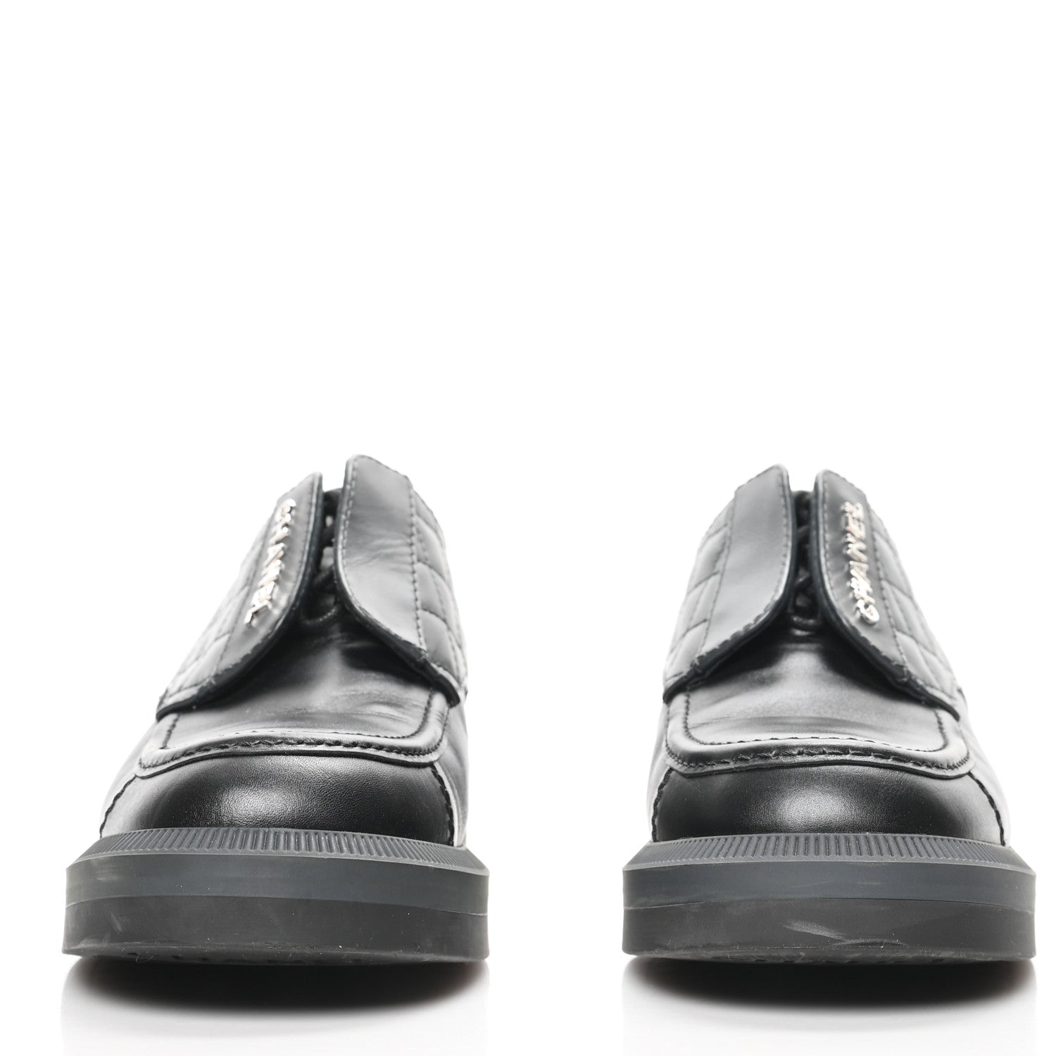 Chanel Calfskin Quilted Logo Lace Up Loafers 41 Black Grey 2 of 7