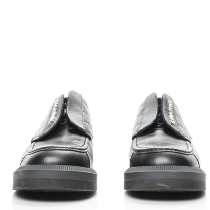 Chanel Calfskin Quilted Logo Lace Up Loafers 41 Black Grey 2 of 7