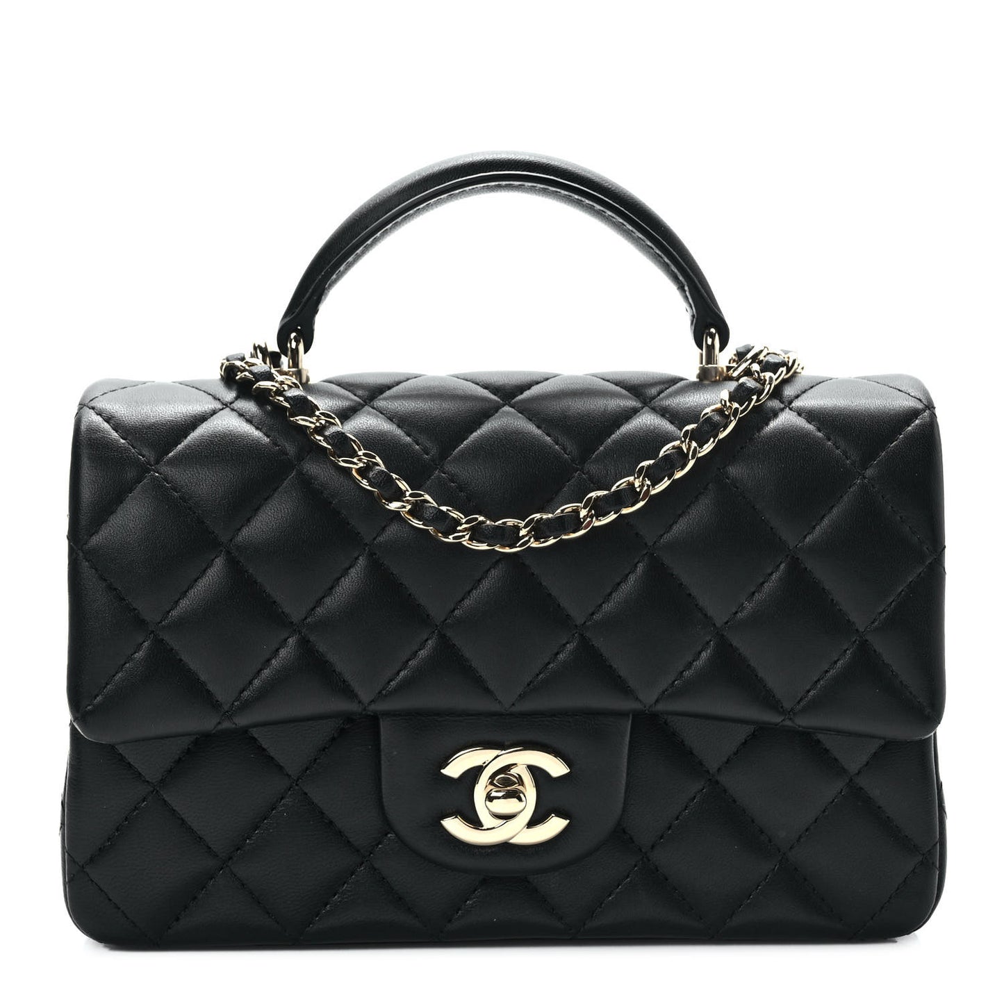 Lambskin Quilted Mini Top Handle Rectangular Flap Black