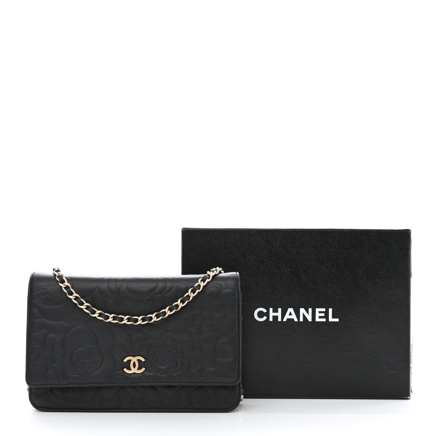Lambskin Camellia Embossed Wallet on Chain WOC Black