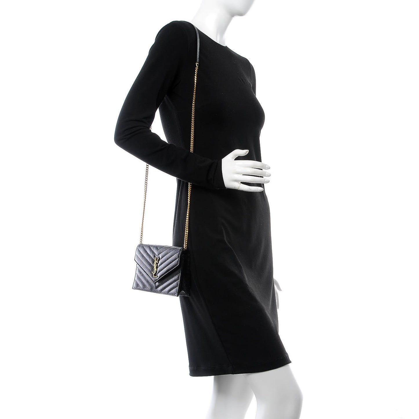 Grain De Poudre Matelasse Chevron Monogram Envelope Chain Wallet Black