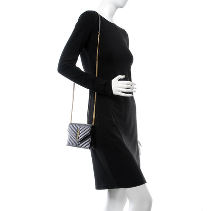Saint Laurent Grain De Poudre Matelasse Chevron Monogram Envelope Chain Wallet Black 2 of 6