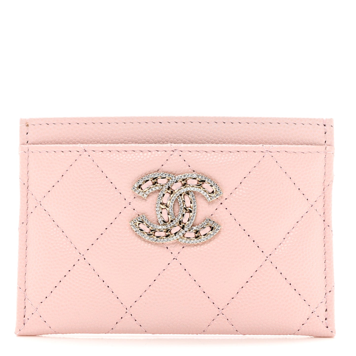Caviar Quilted Crystal Card Holder Pink
