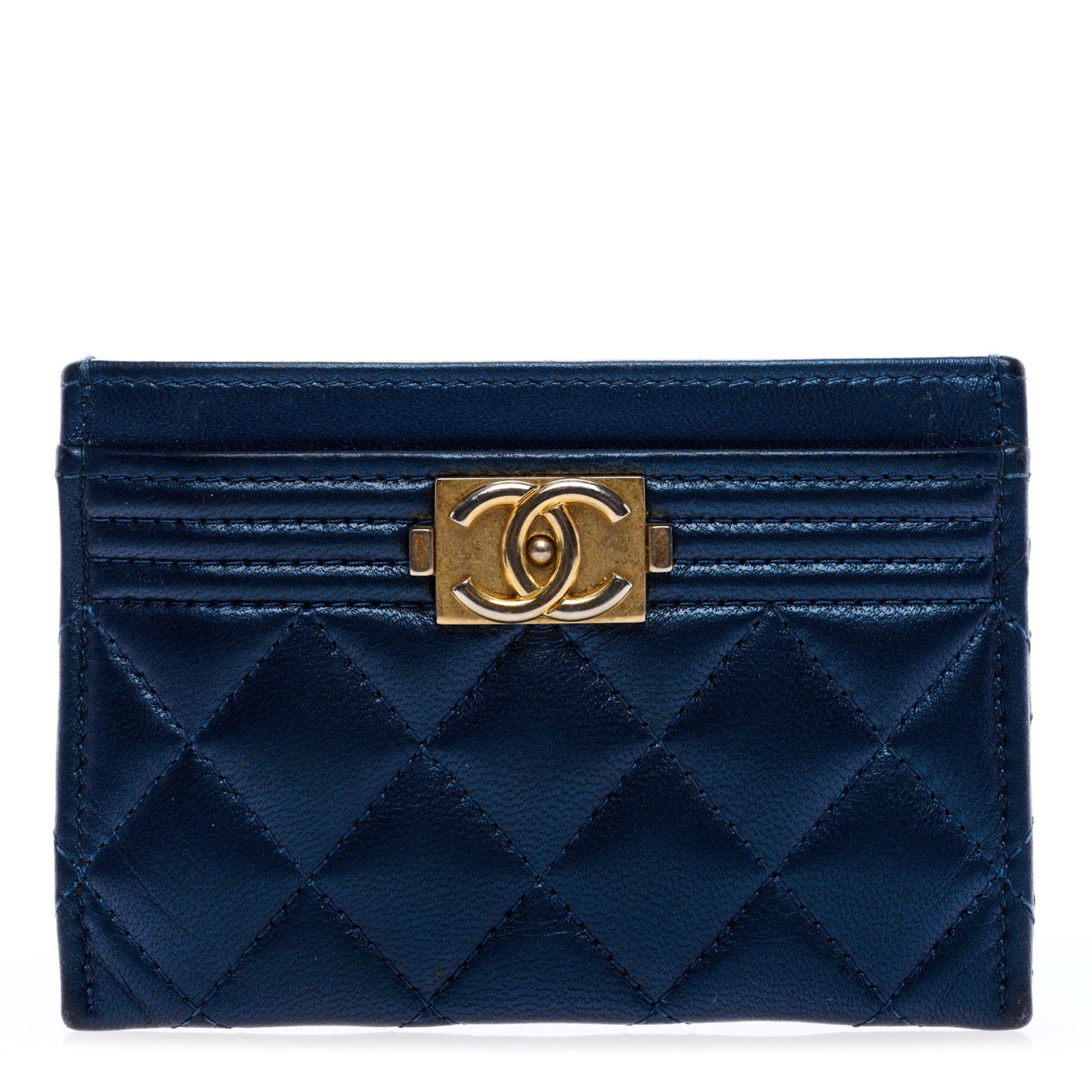 Metallic Lambskin Quilted Boy Card Holder Blue