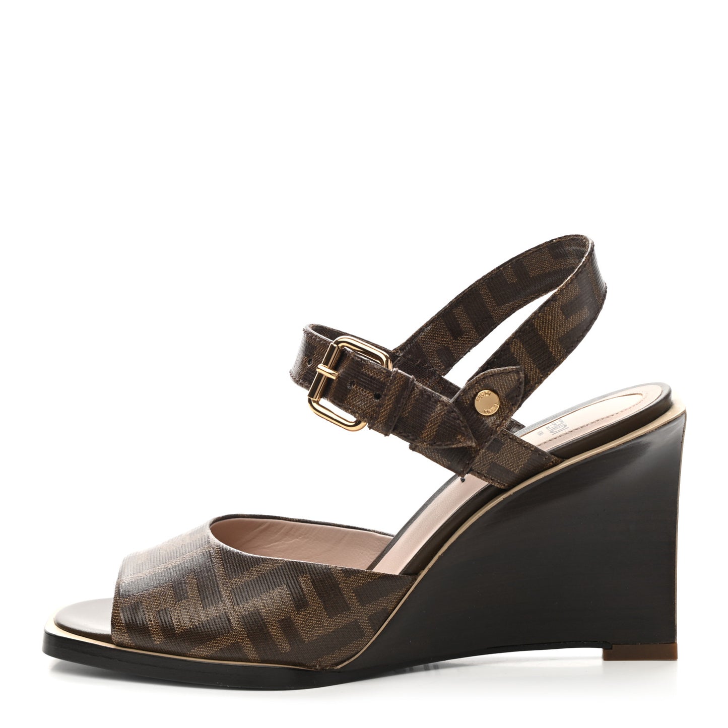 Glazed Fabric FF Wedge Sandals 37 Tobacco Moro