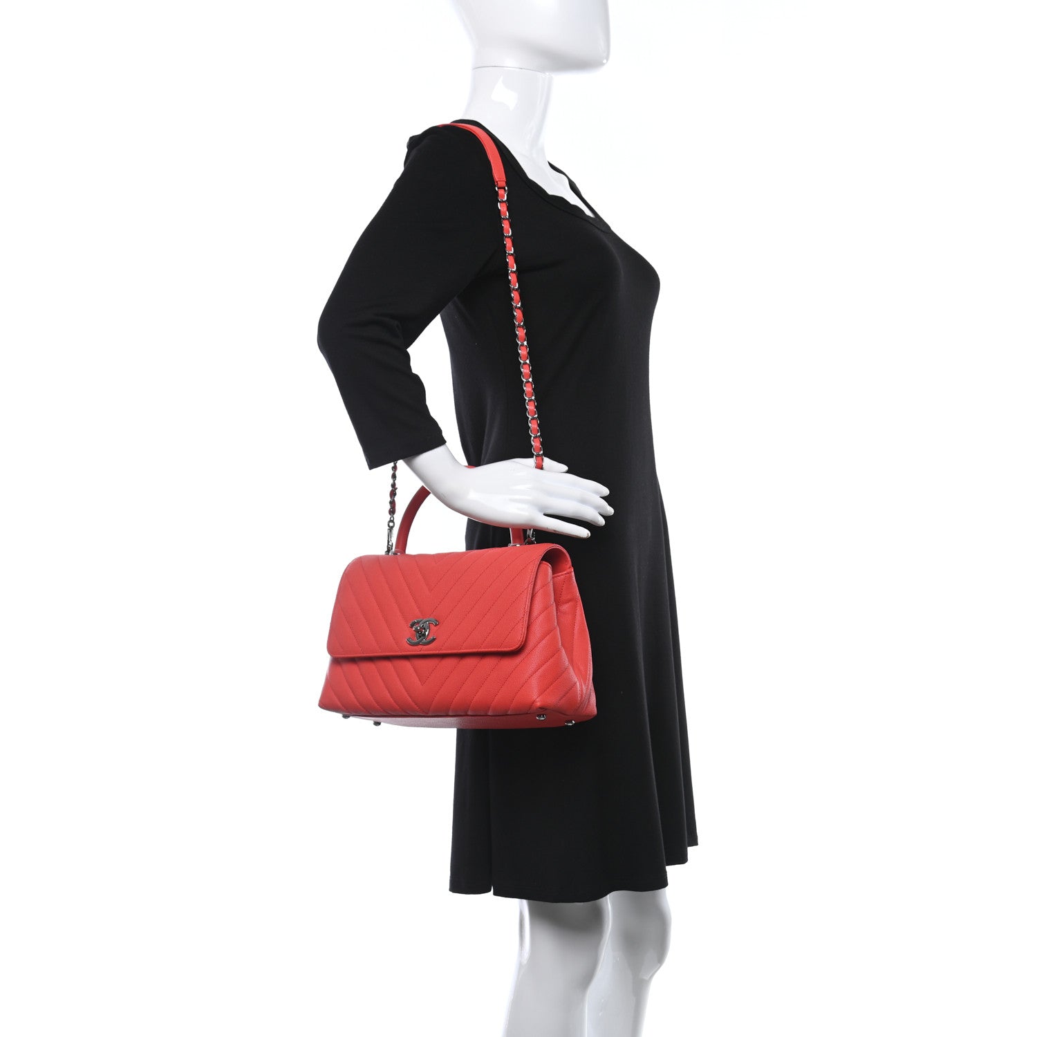 Chanel Caviar Chevron Quilted Small Coco Handle Flap Red 2 of 9