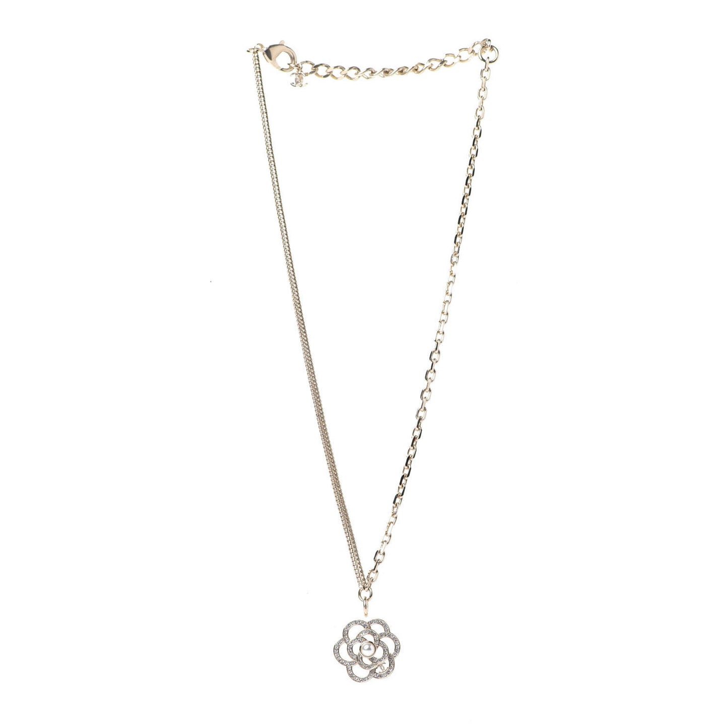 Crystal Pearl CC Camellia Necklace Gold