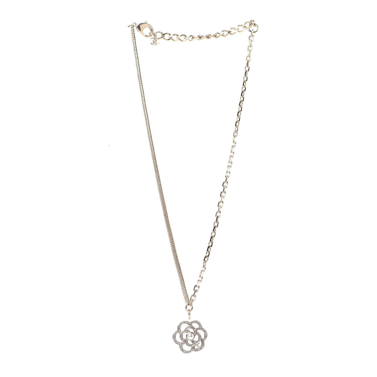 Chanel Crystal Pearl CC Camellia Necklace Gold 3 of 7
