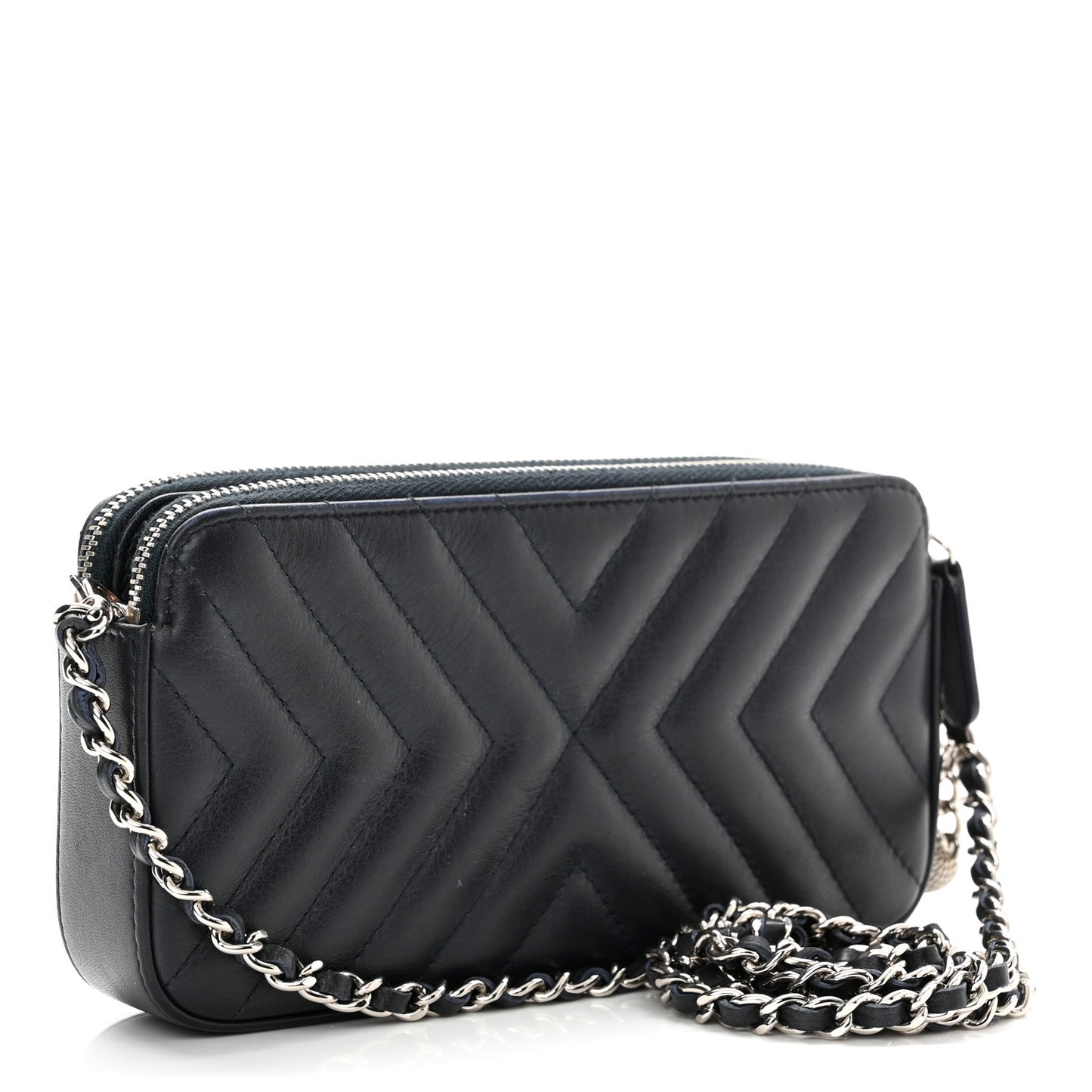 Calfskin Chevron Quilted Tassel Clutch With Chain Navy