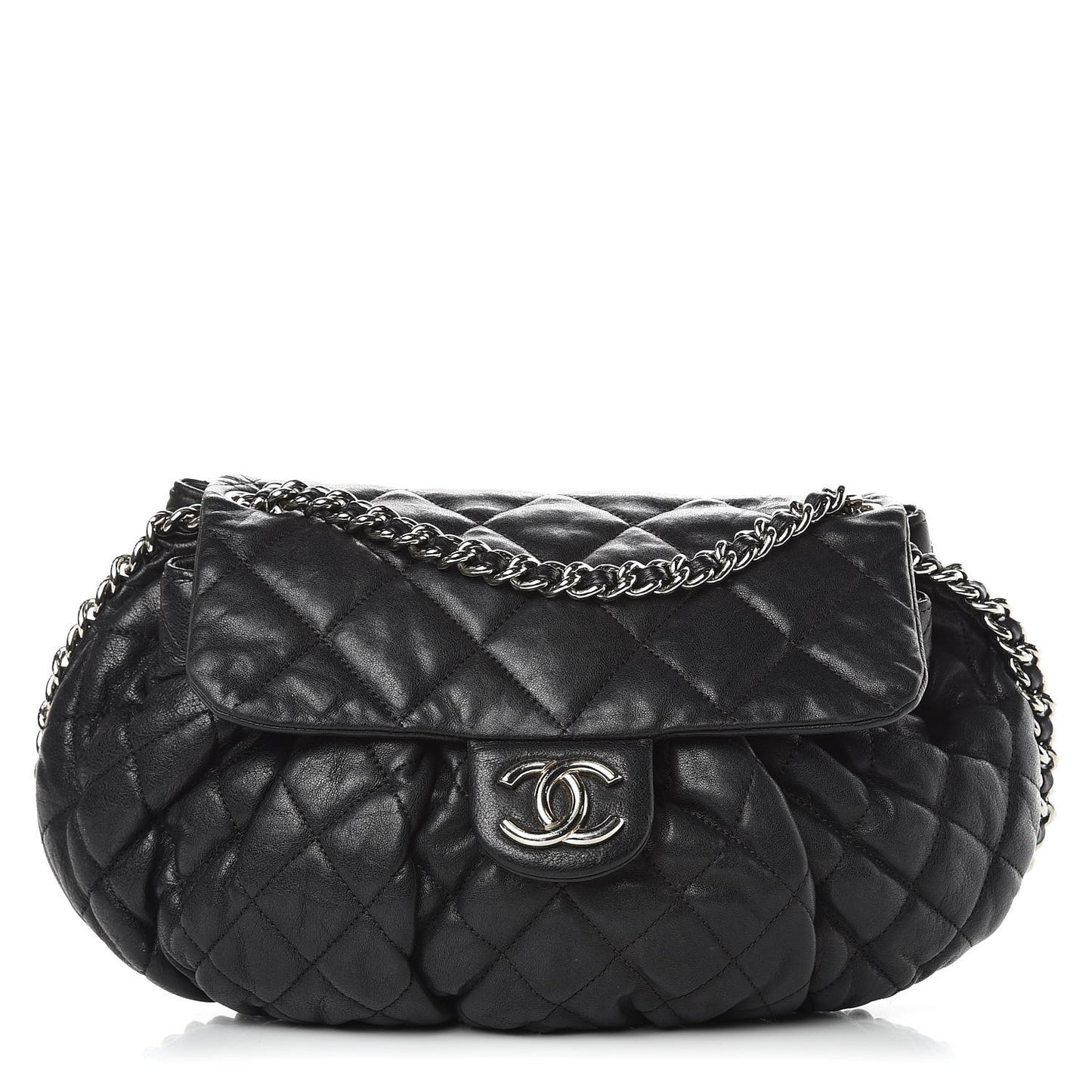 Washed Lambskin Quilted Medium Chain Around Messenger Black