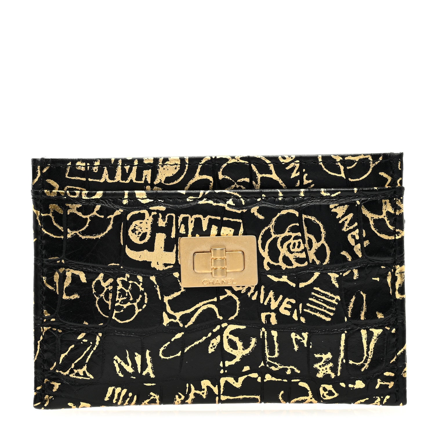 Chanel Calfskin Crocodile Embossed Graffiti 2.55 Cocodile Reissue Card Holder Black Gold 1 of 7