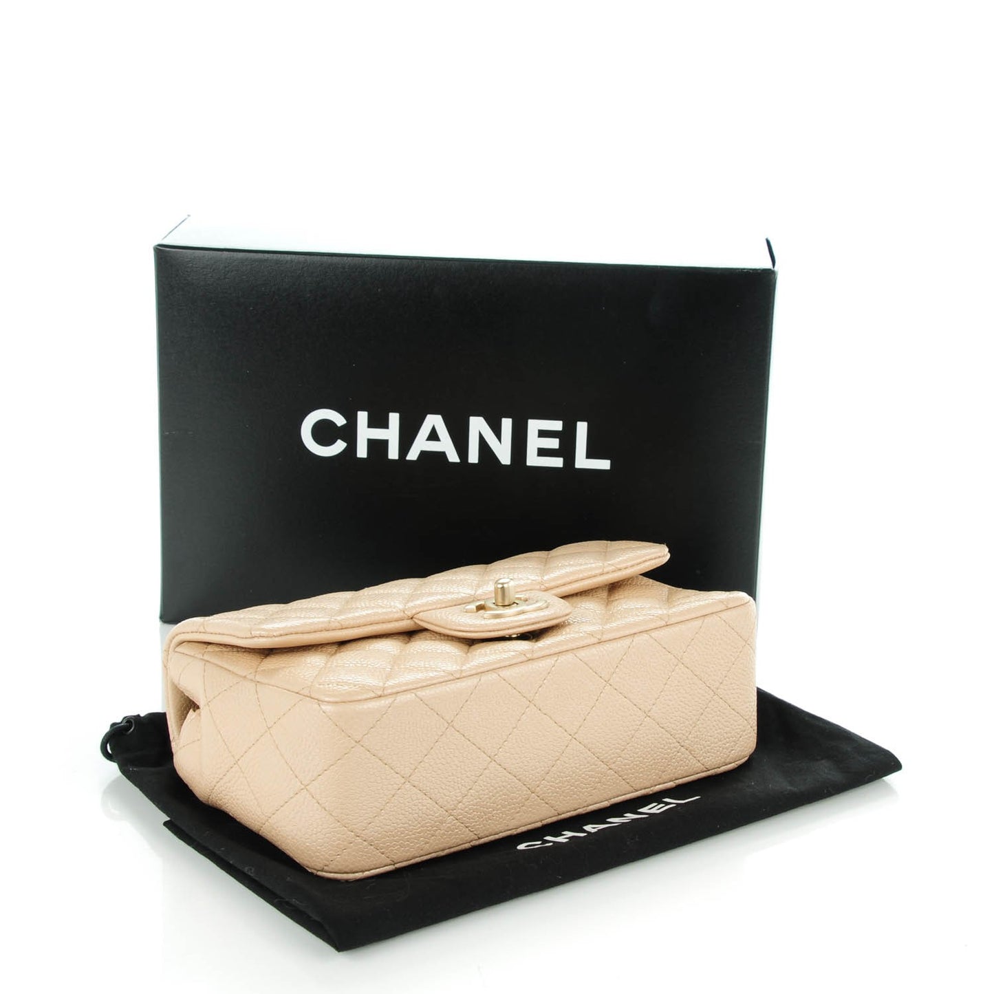 Pearly Caviar Quilted Mini Rectangular Flap Beige