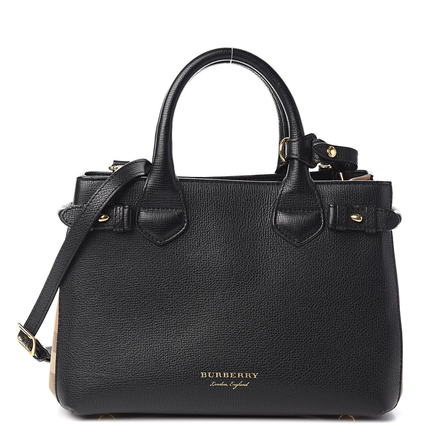 Grainy Calfskin House Check Small Banner Tote Black