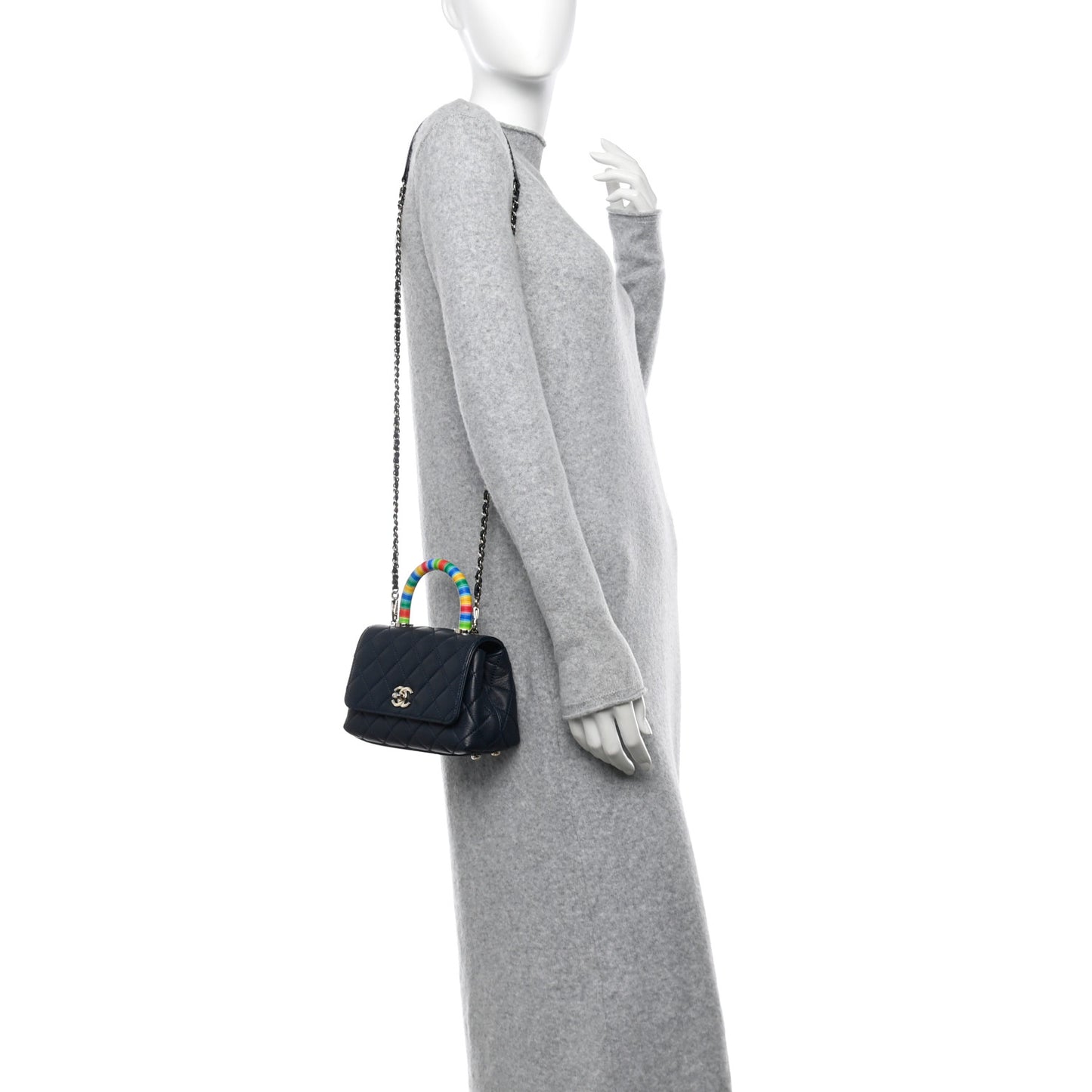 Goatskin Quilted Extra Mini Rainbow Coco Handle Flap Navy Blue