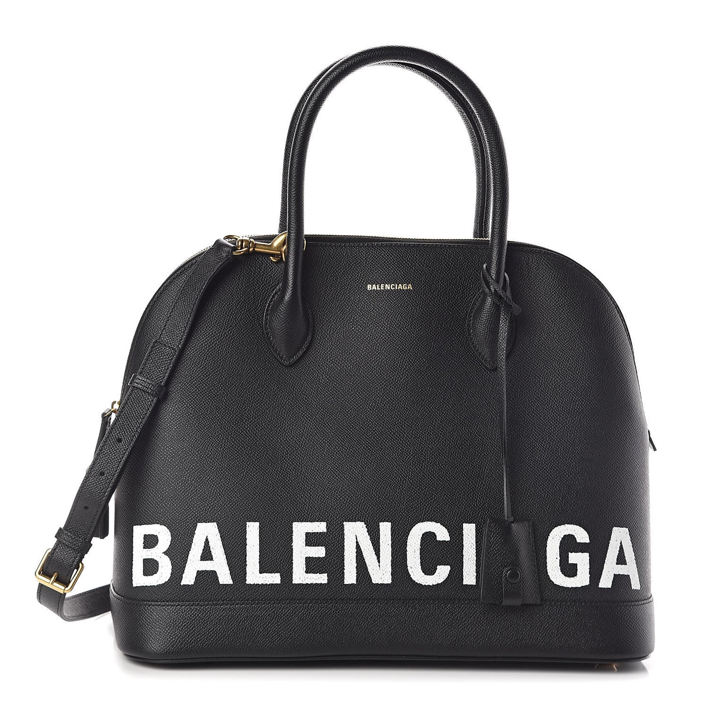 Signature Grained Calfskin Logo M Ville Top Handle Bag Black