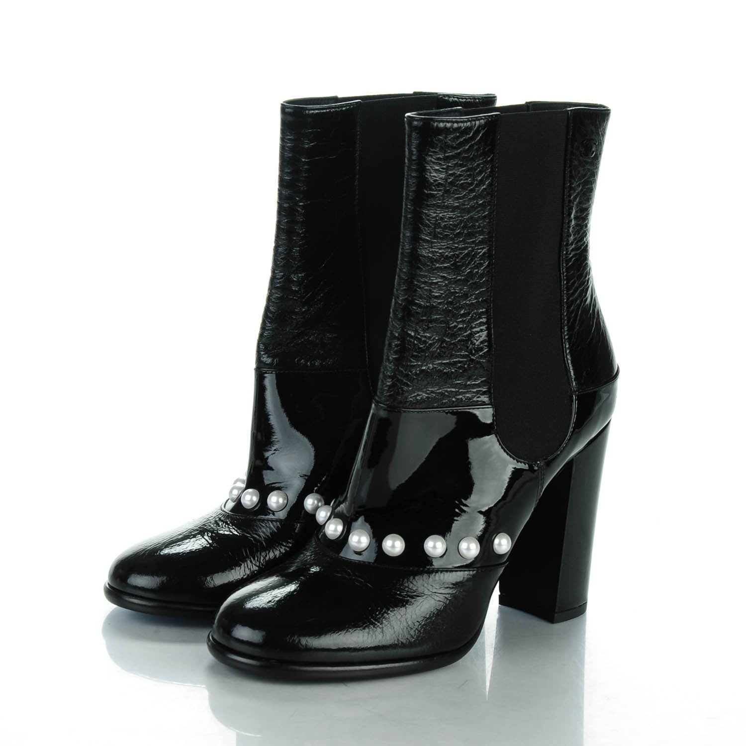 Chanel Patent Pearl Elastic Boots 38 Black 3 of 8