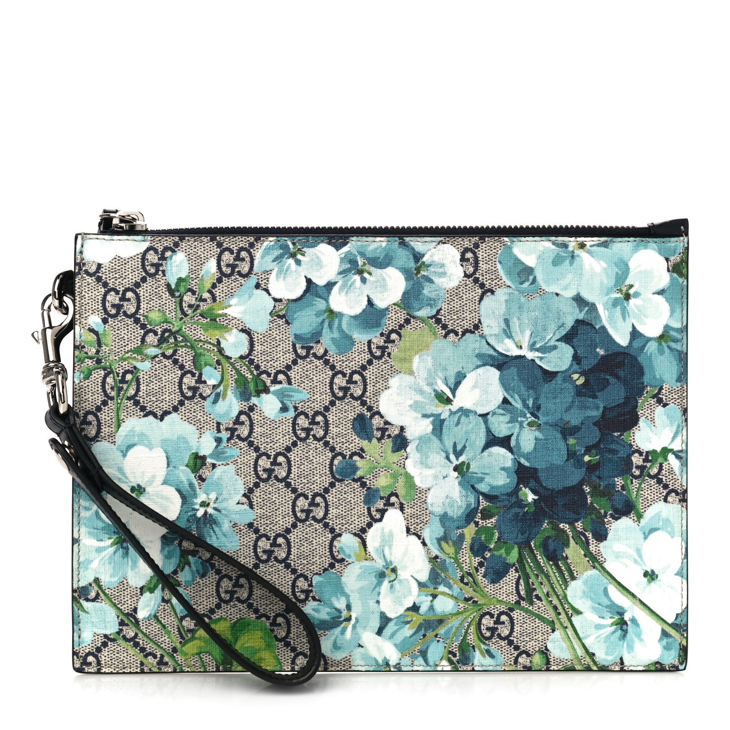 Gucci GG Supreme Monogram Blooms Small Zip Wristlet Pouch Beige Blue Black 1 of 9