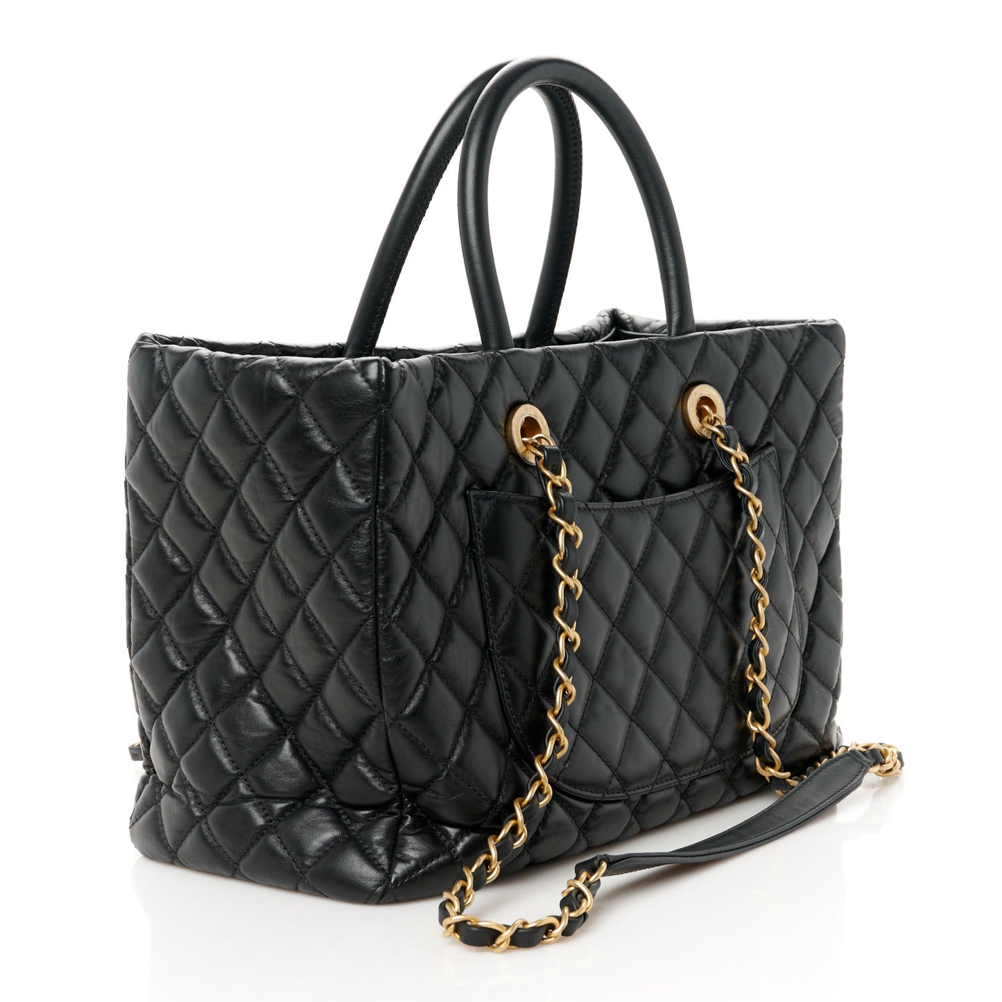 Aged Calfskin Quilted Large Coco Handle Shopping Tote Black