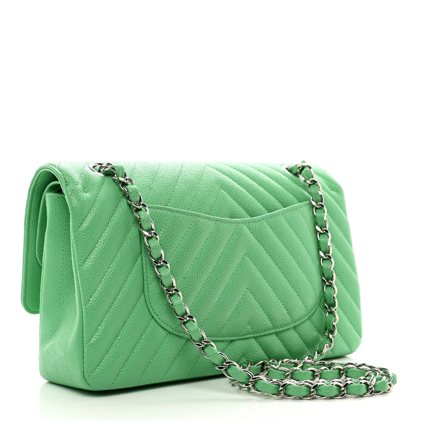 Caviar Chevron Quilted Medium Double Flap Green