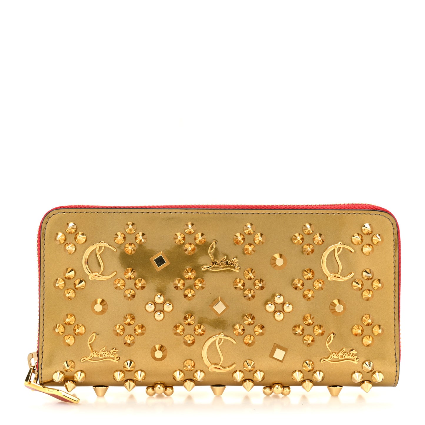 Metallic Panettone Spiked Studded Zip Around Wallet Gold