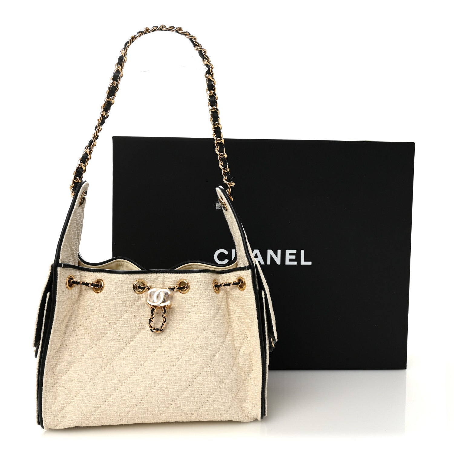 Chanel Canvas Calfskin Quilted Small Chanel 25 Handbag Ecru Black 11 of 11