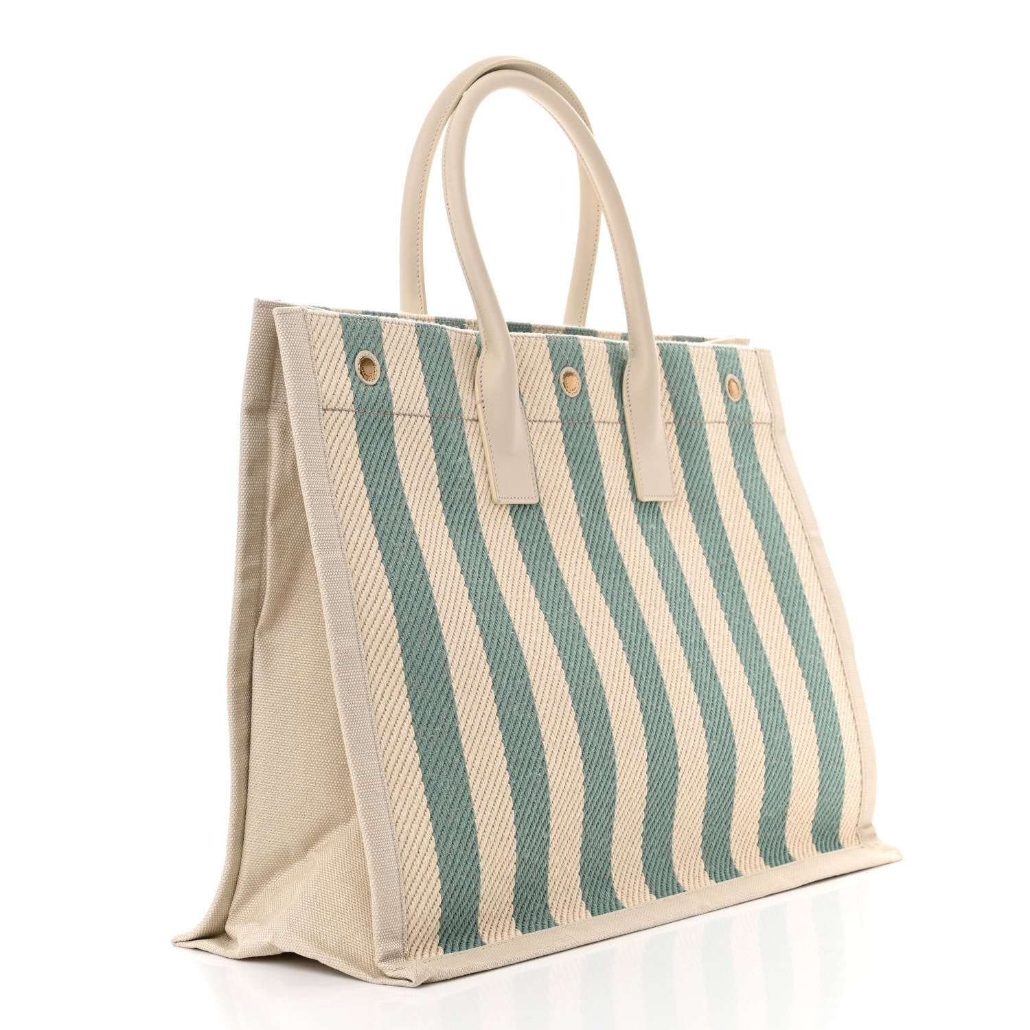 Saint Laurent Cotton Linen Calfskin Striped Rive Gauche Tote Water Green 3 of 12