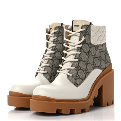 Gucci Calfskin GG Supreme Monogram Nappa Quilted Lace Up Ankle Boots 38 Mystic White Beige 3 of 7