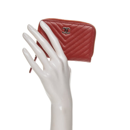 Chanel Caviar Chevron Quilted Zip Around Coin Purse Red 2 of 7