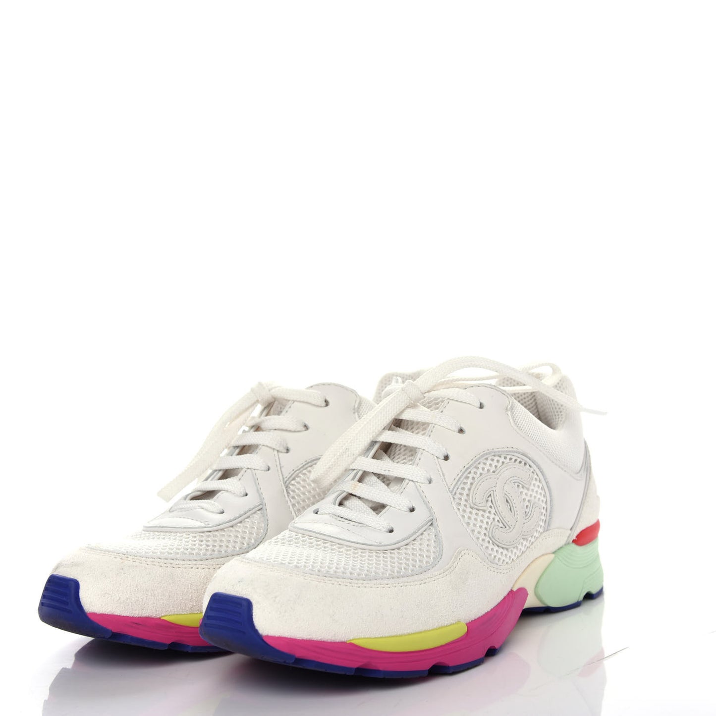 Suede Calfskin CC Sneakers 37 White Pink Green