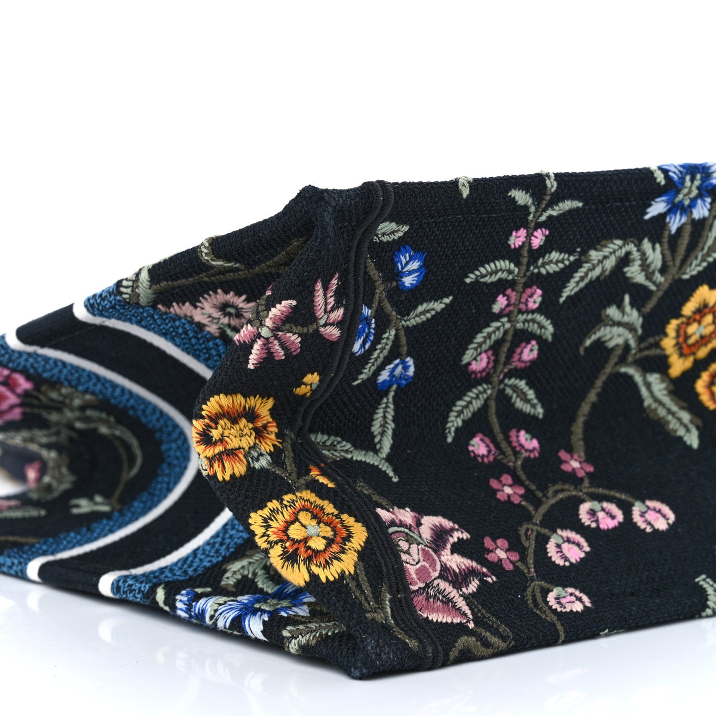 Raffia Embroidered Petites Fleurs Medium Book Tote Navy Blue Multicolor