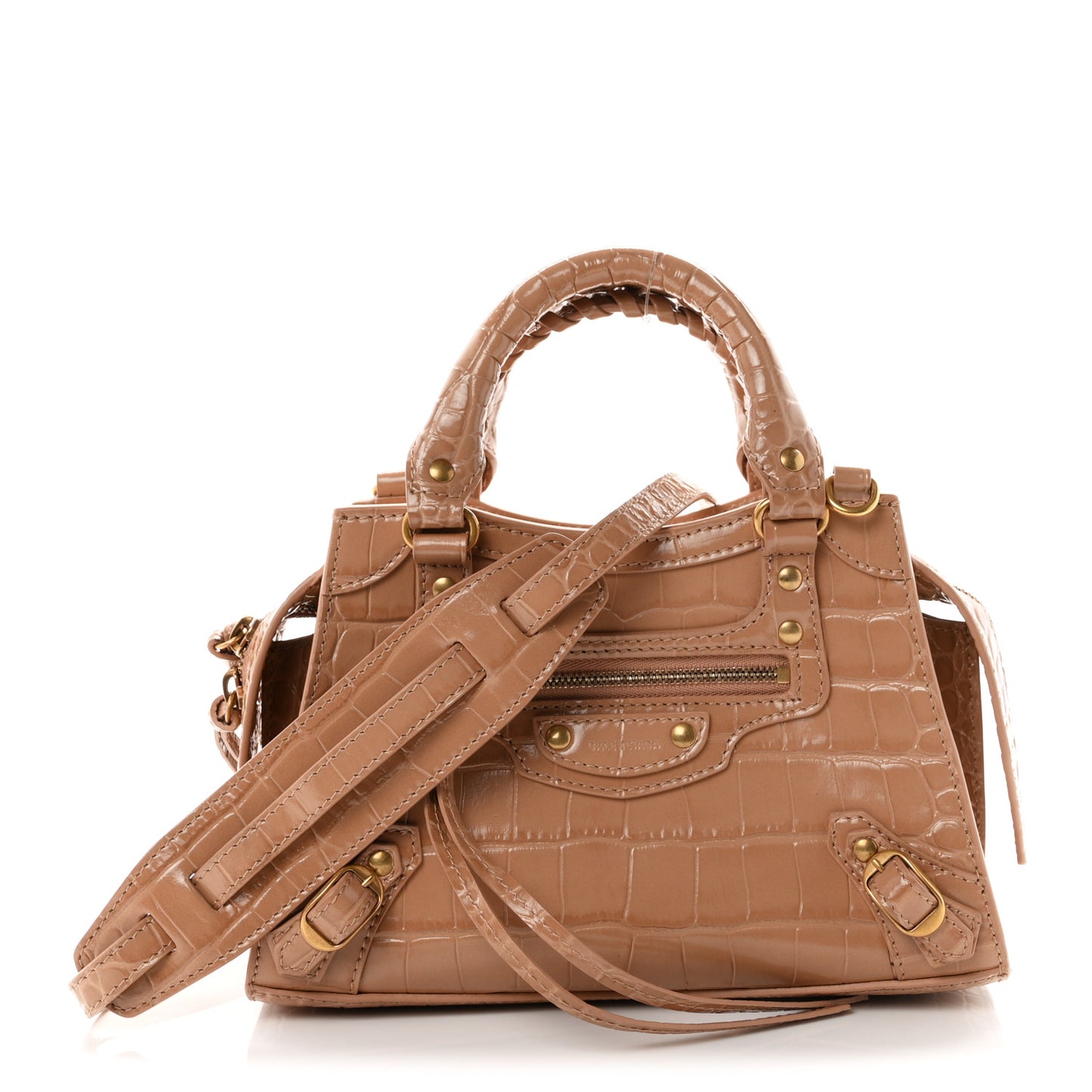 Shiny Supple Calfskin Crocodile Embossed Neo Classic Gold Hardware Mini City Nude Beige