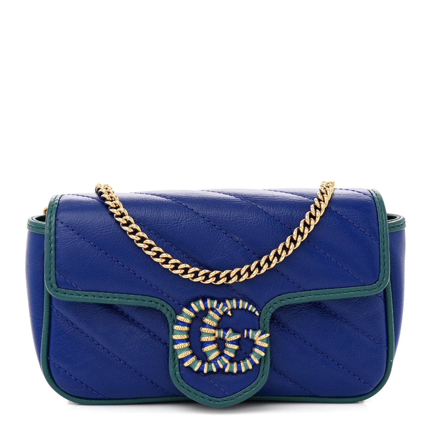 Azalea Calfskin Enamel Matelasse Diagonal Super Mini Torchon GG Marmont Shoulder Bag Imperial Blue Pavone