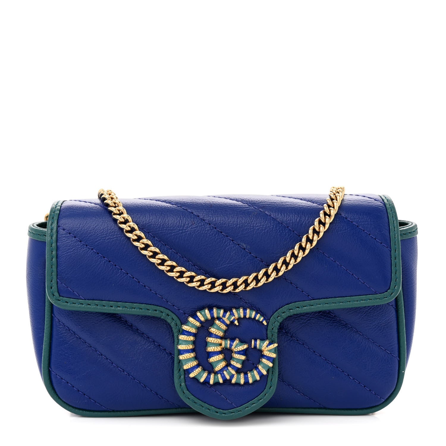 Gucci Azalea Calfskin Enamel Matelasse Diagonal Super Mini Torchon GG Marmont Shoulder Bag Imperial Blue Pavone 1 of 12