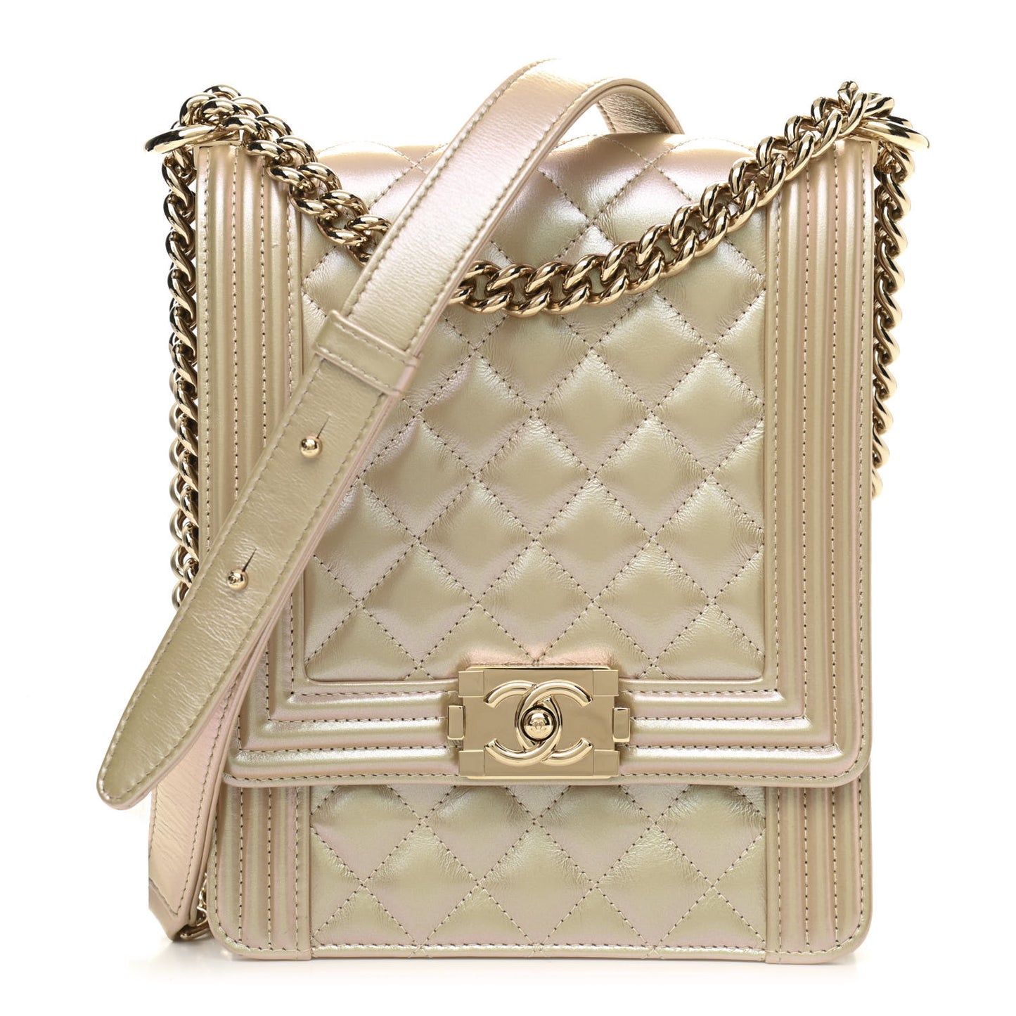 Iridescent Calfskin Quilted North South Boy Flap Beige