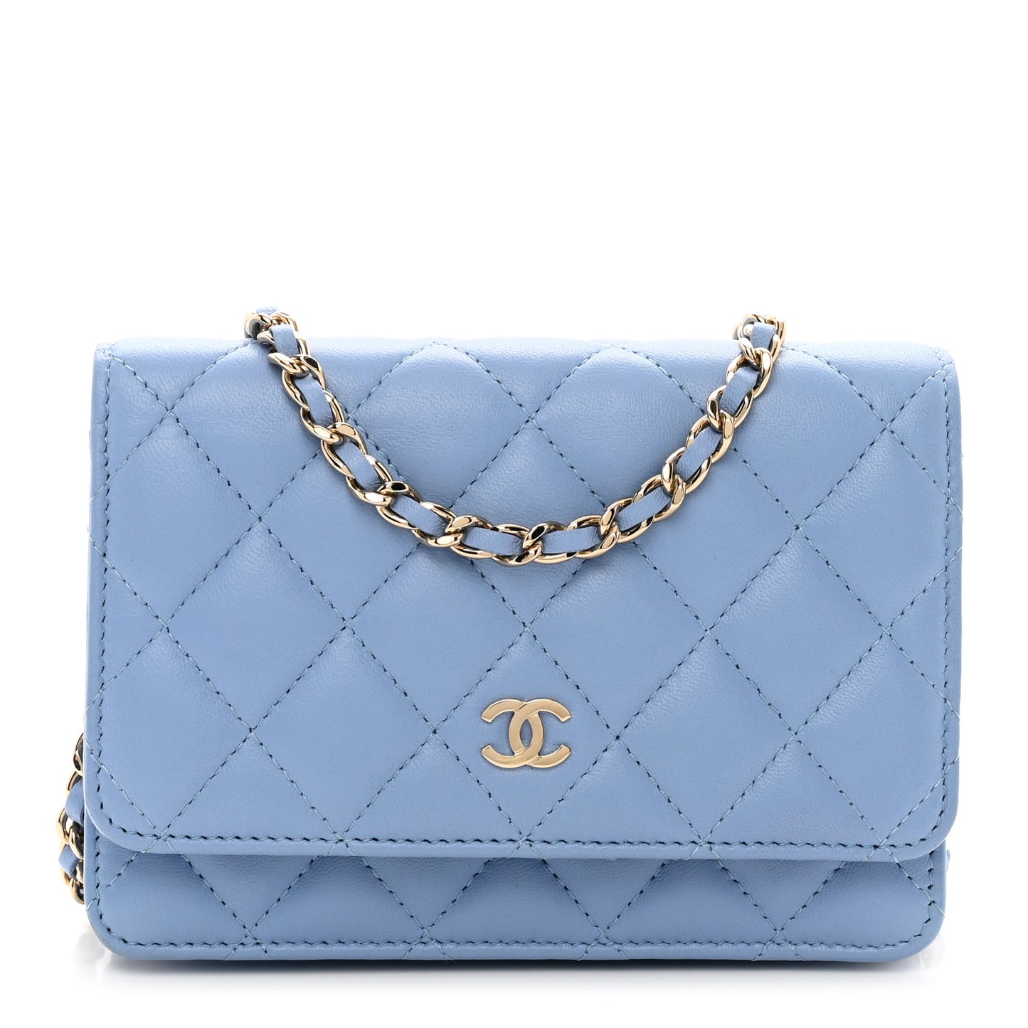 Lambskin Quilted Mini Wallet On Chain WOC Light Blue