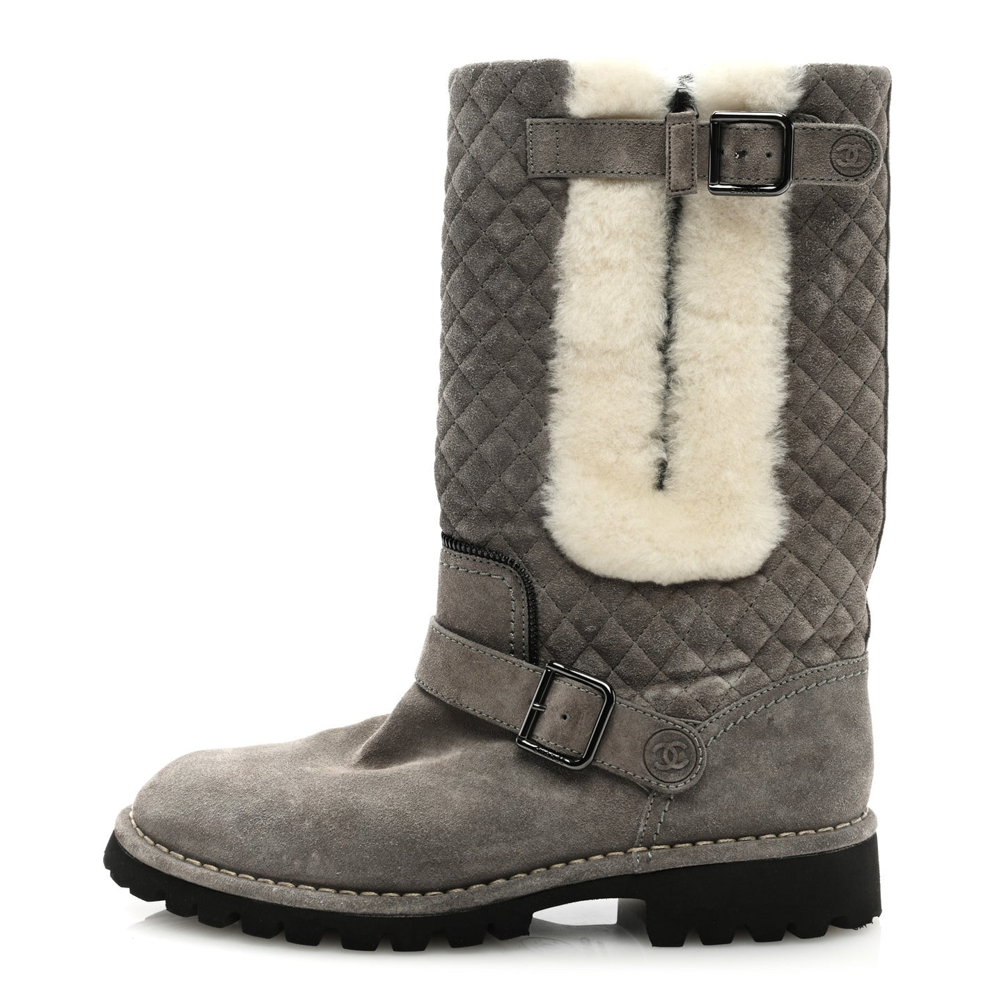 Shearling Suede Calfskin Quilted High Biker Boots 40 Grey
